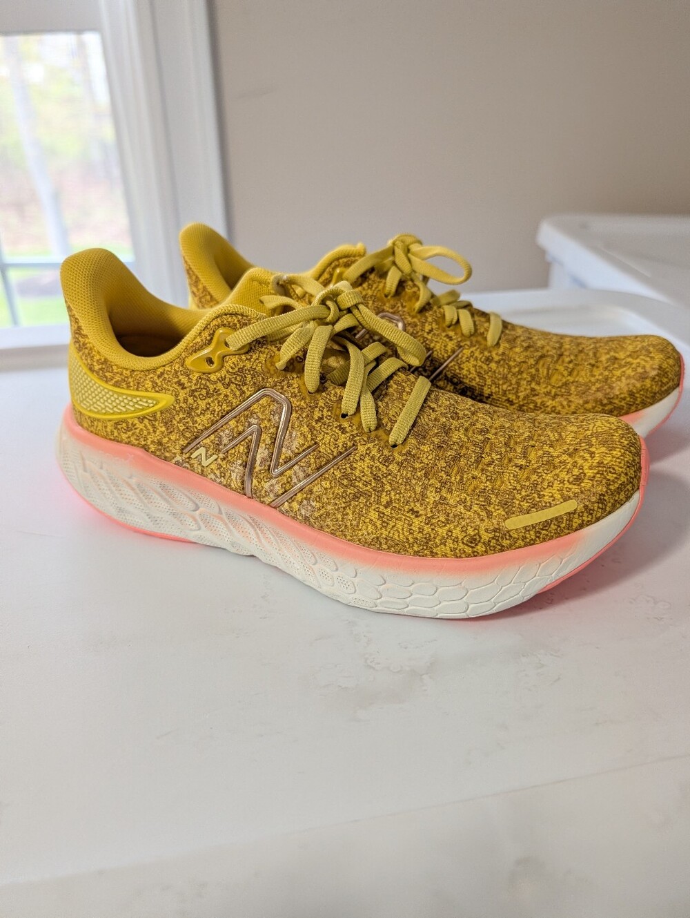 New Balance Yellow Knit Running Sneakers with Pink Midsole Accent